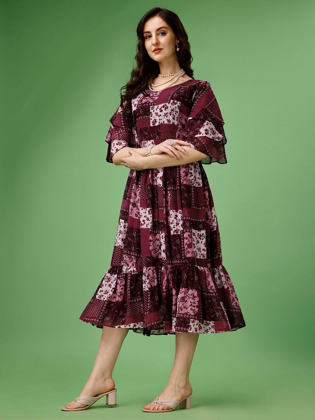 hetvi creation floral printed bell sleeve georgette fit & flare midi dress