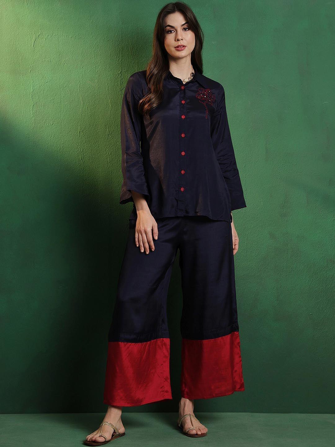 sangria embroidered viscose silk oversized shirt with palazzo co-ords