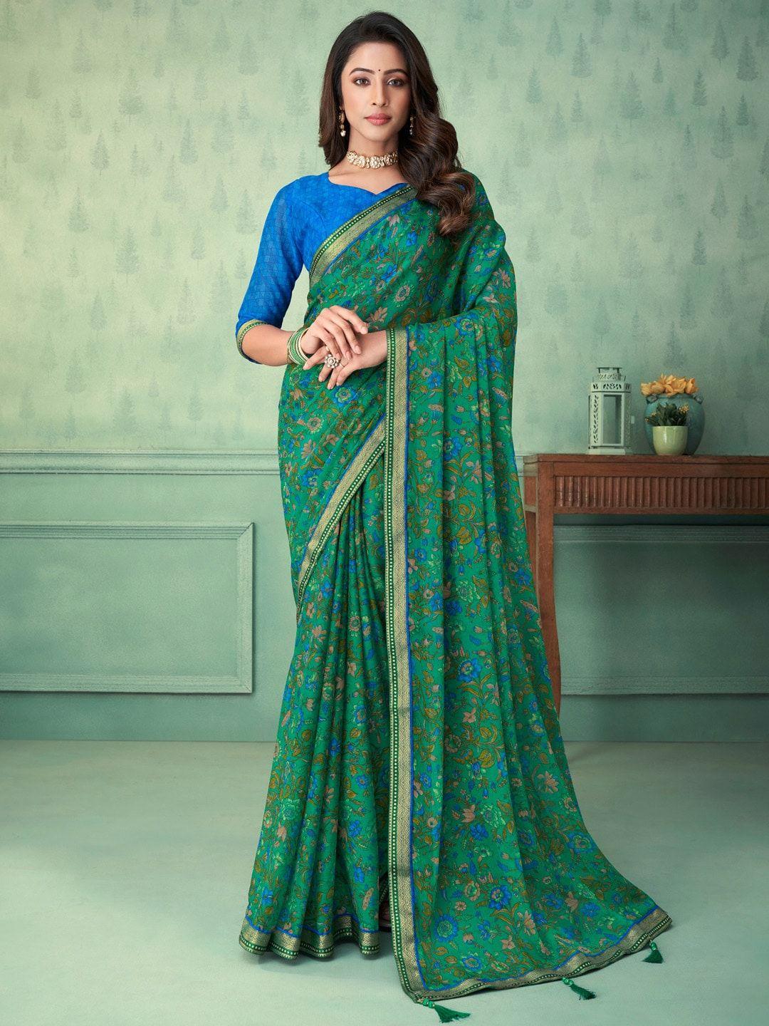 anouk floral printed zari pure chiffon bagru saree