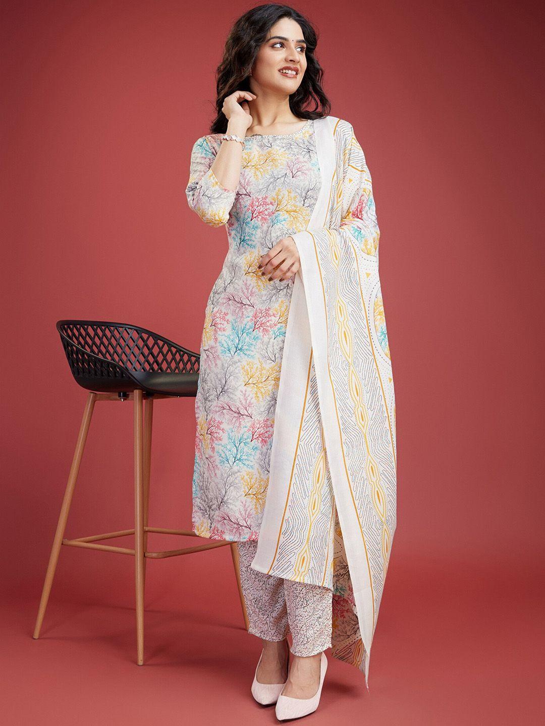 kalini floral printed regular kurta with trousers & dupatta