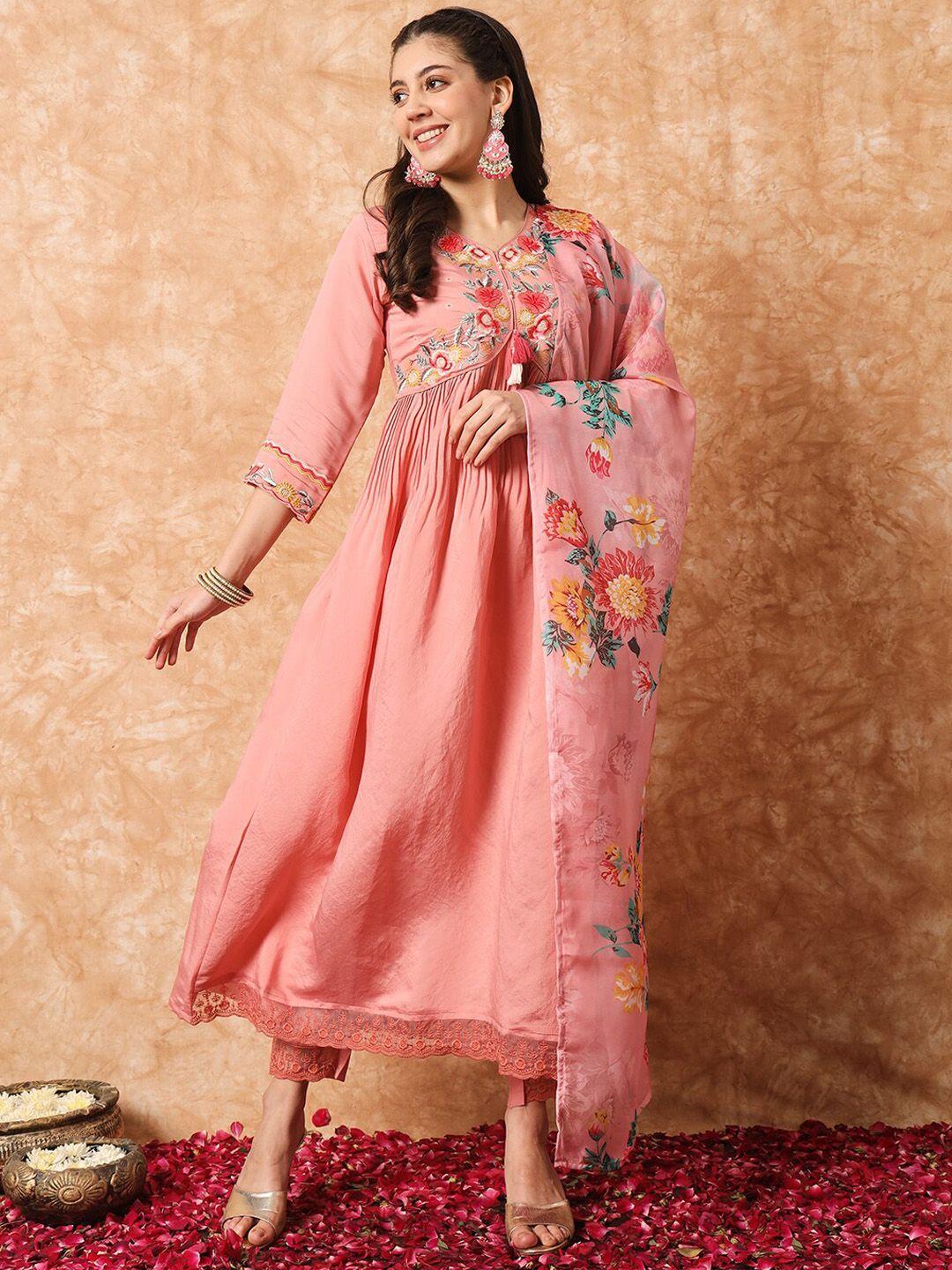 niza fashion floral embroidered pleated thread work kurta with trousers & dupatta