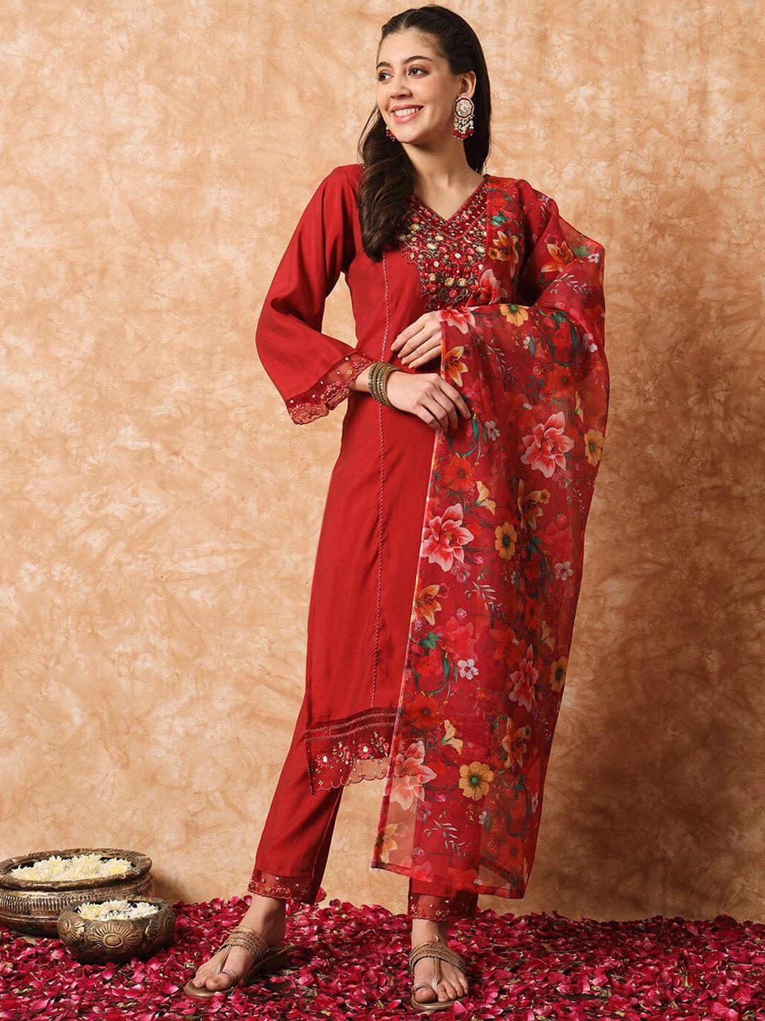 niza fashion floral embroidered thread work kurta with trouser & dupatta