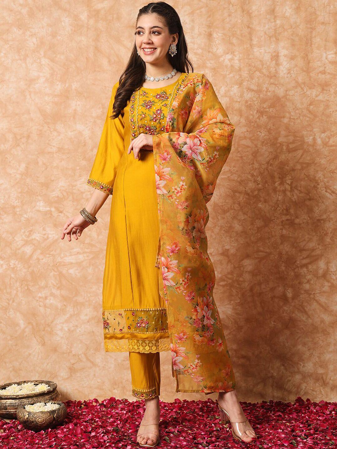 niza fashion ethnic motifs embroidered thread work kurta with trouser & dupatta