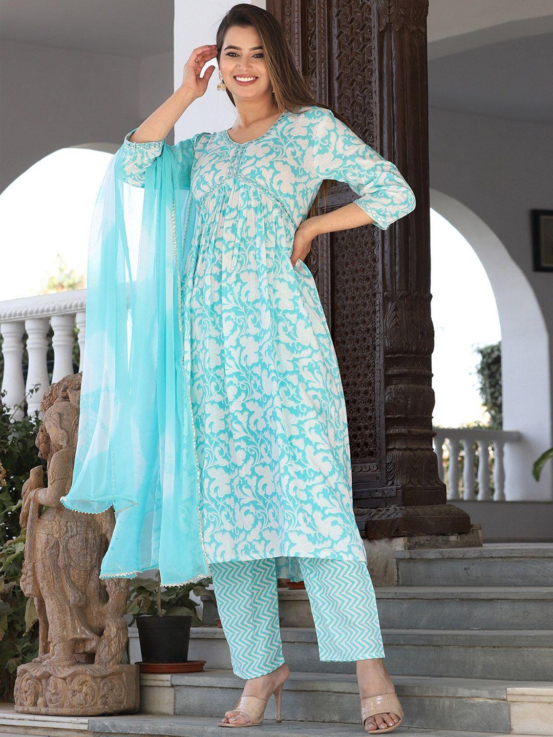 singni floral printed mirror work empire a-line kurta with trousers & dupatta