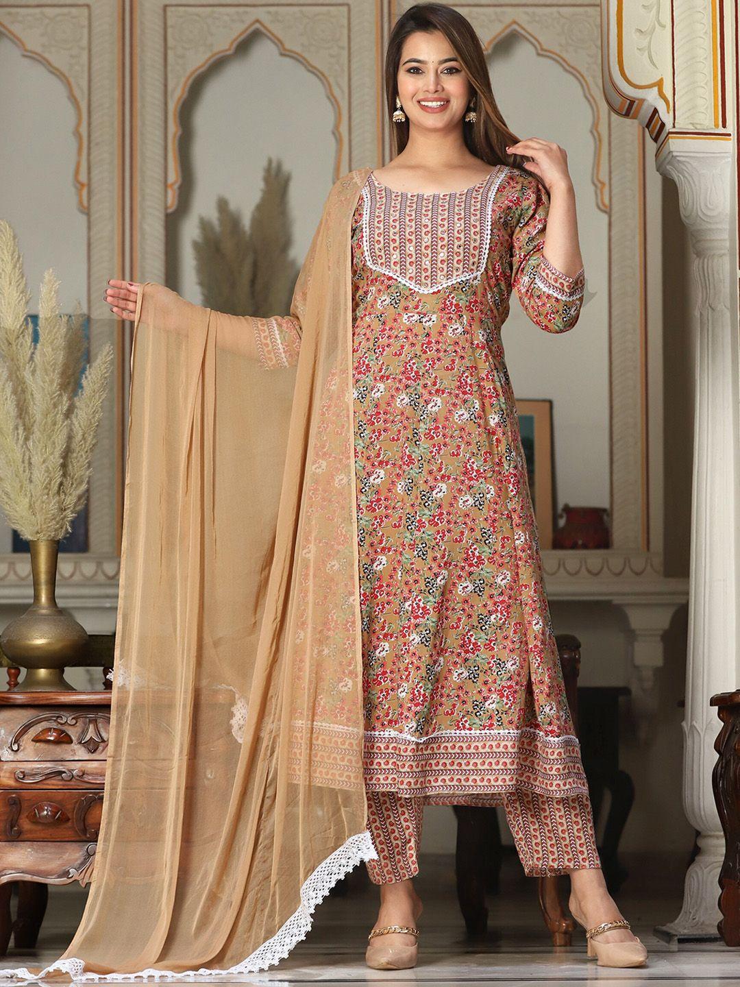 singni floral printed mirror work anarkali kurta with trousers & dupatta