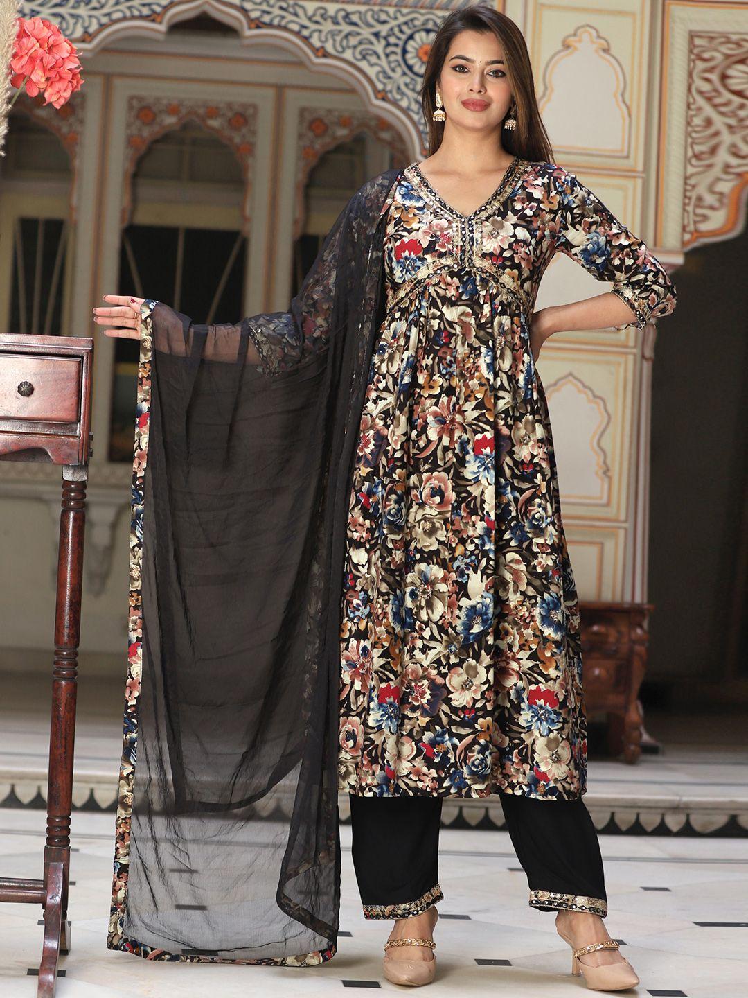 singni floral printed mirror work empire a-line kurta with trousers & dupatta