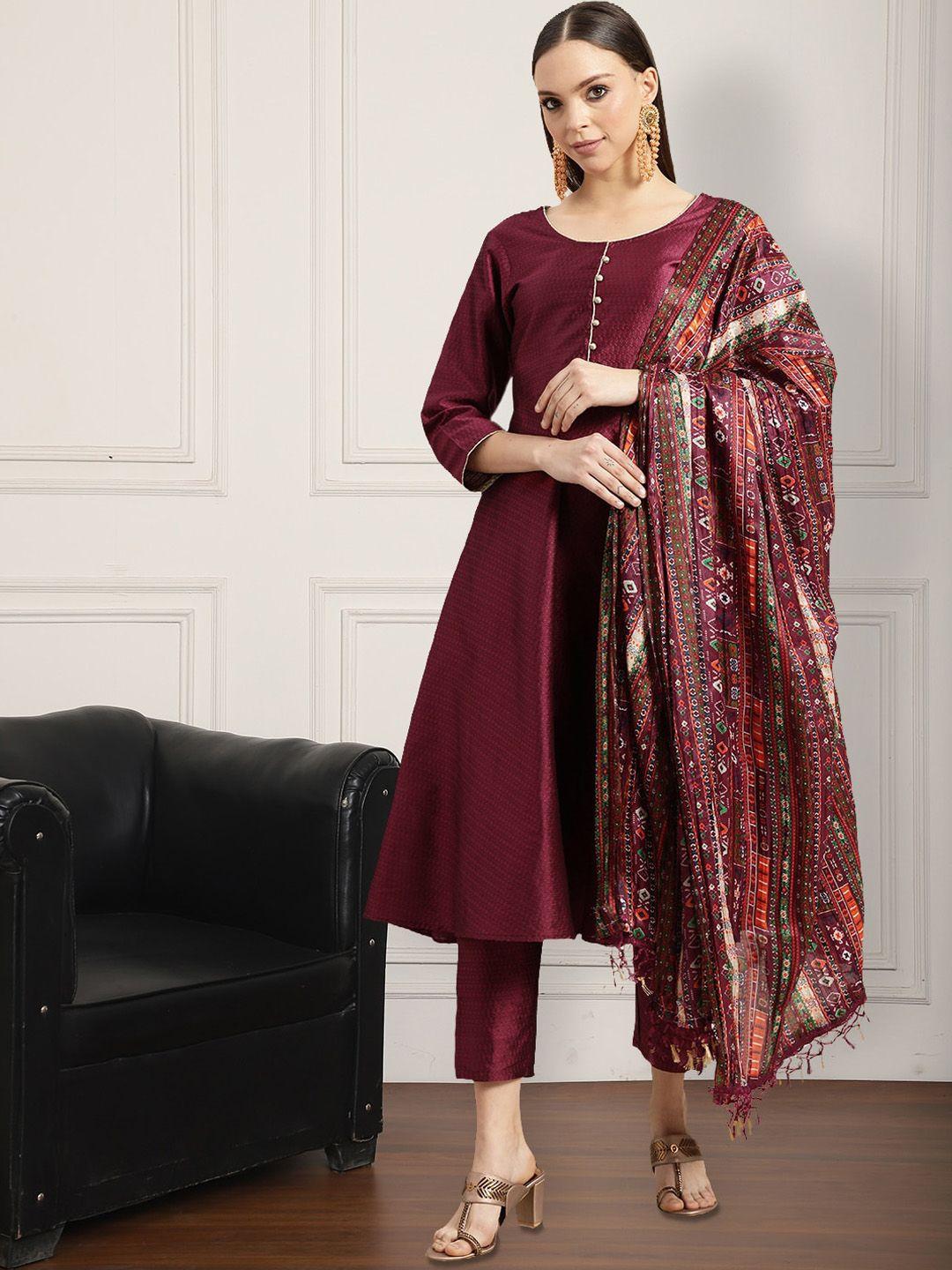 anouk round neck dupion silk anarkali kurta with trousers & dupatta