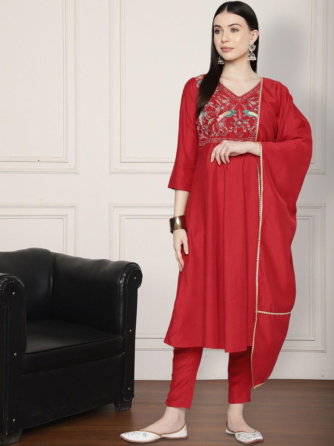 anouk floral embroidered a-line kurta with trousers & dupatta