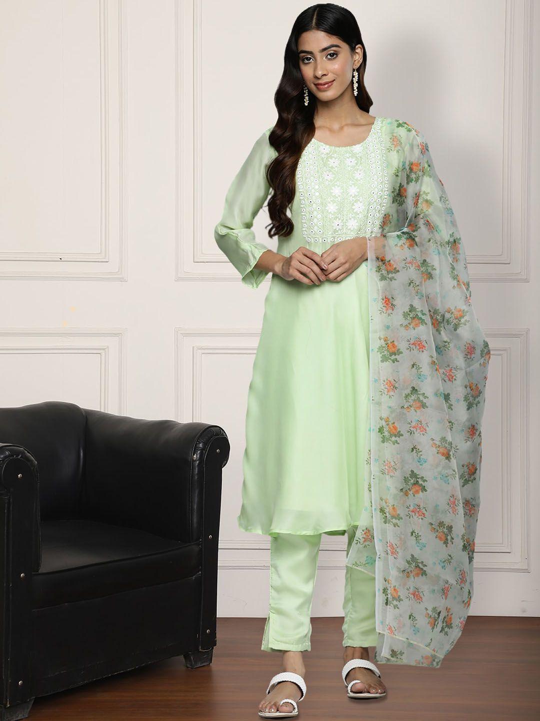 anouk floral embroidered mirror work silk georgette empire kurta with trousers & dupatta