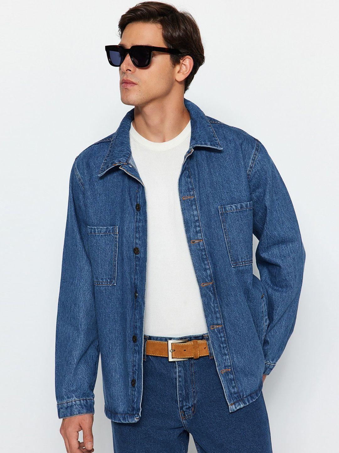 trendyol washed spread collar pure cotton denim jacket