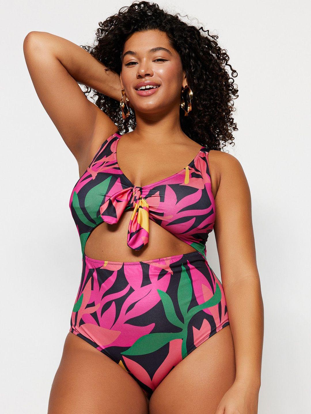 trendyol plus size floral printed shoulder straps cut outs swim bodysuit