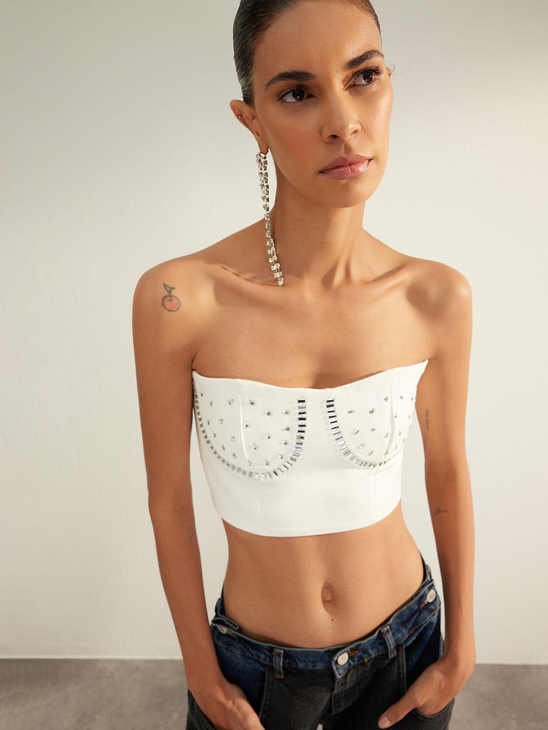 trendyol embellished net tube crop top