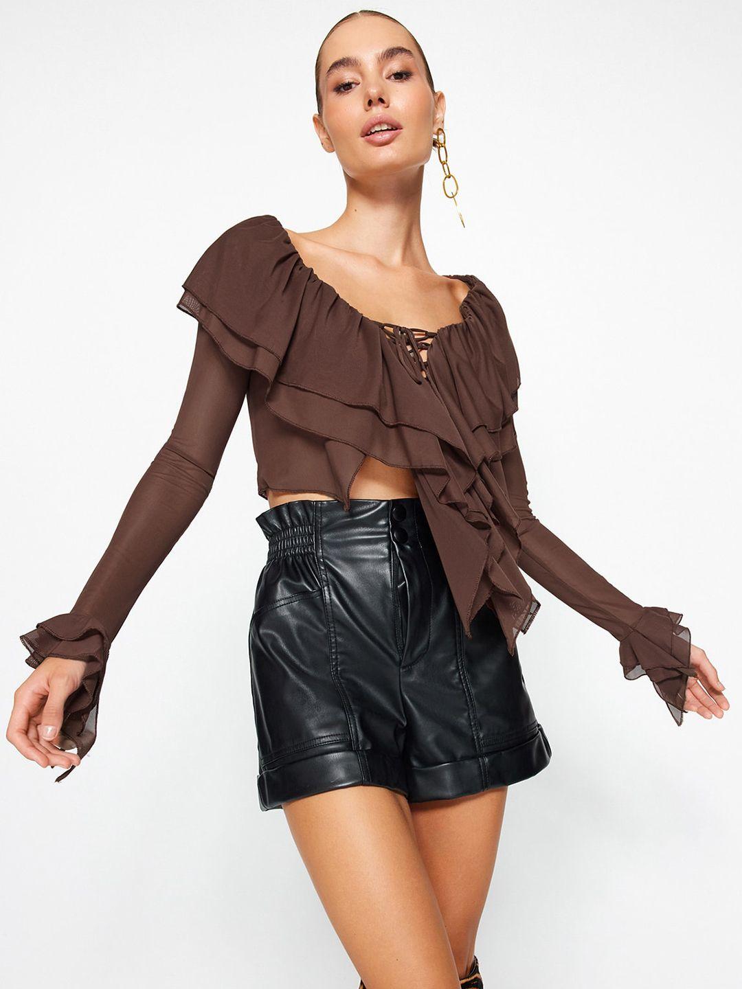 trendyol tie-up neck bell sleeves layered ruffles net crop top