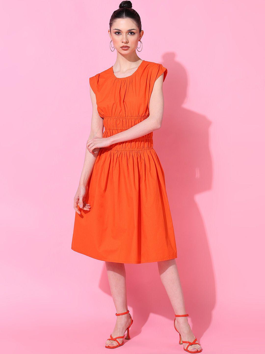 dodo & moa orange crepe fit & flare midi dress