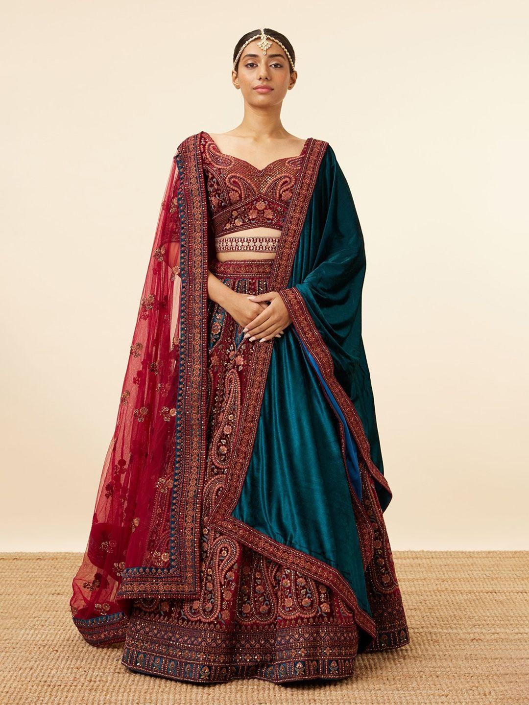 mohey embroidered velvet semi-stitched lehenga & unstitched blouse with dupatta & belt