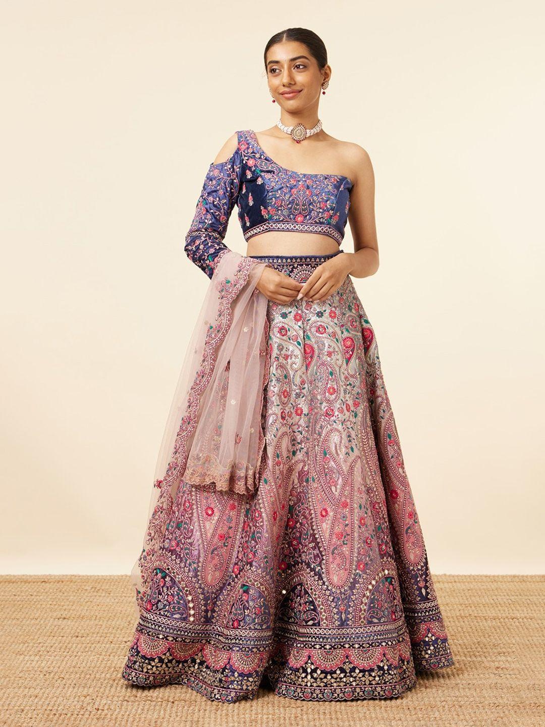 mohey embroidered semi-stitched velvet lehenga & unstitched blouse with dupatta