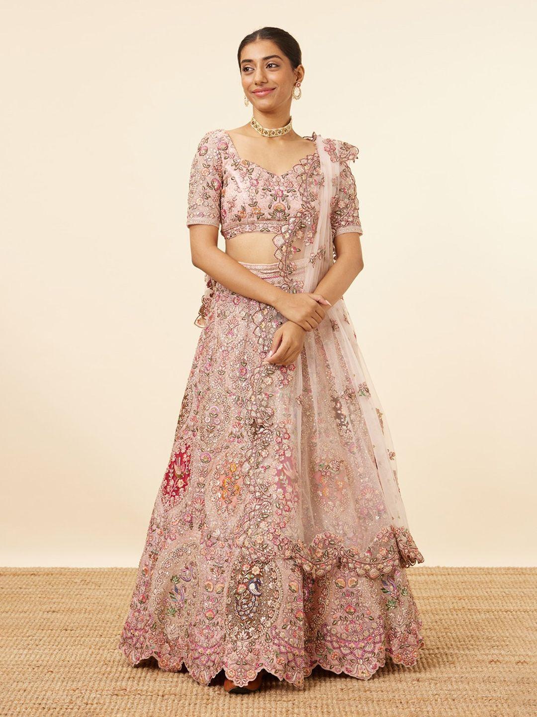 mohey embroidered semi-stitched lehenga & unstitched blouse with dupatta