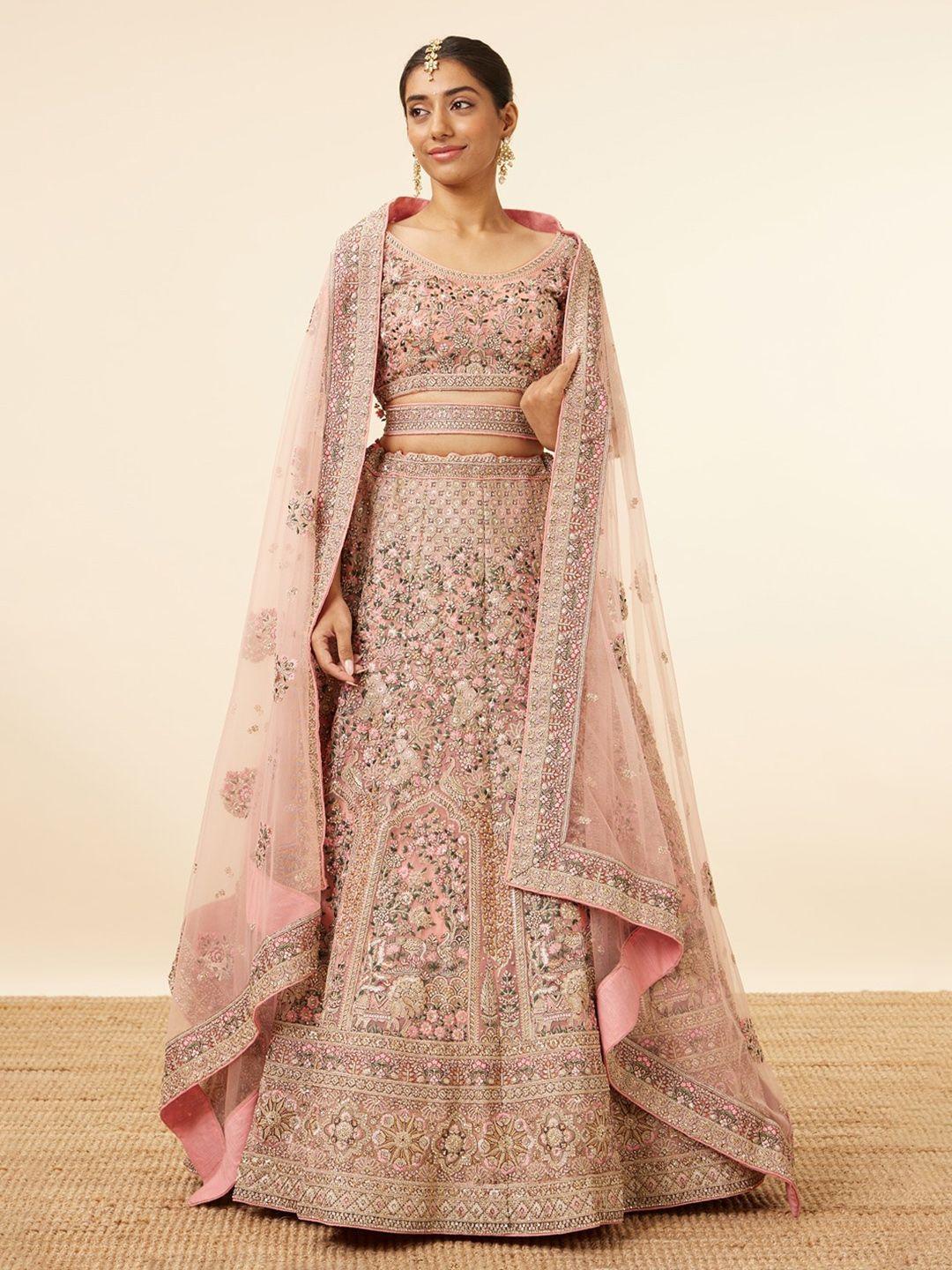 mohey embroidered net sequinned semi-stitched lehenga & unstitched blouse with dupatta