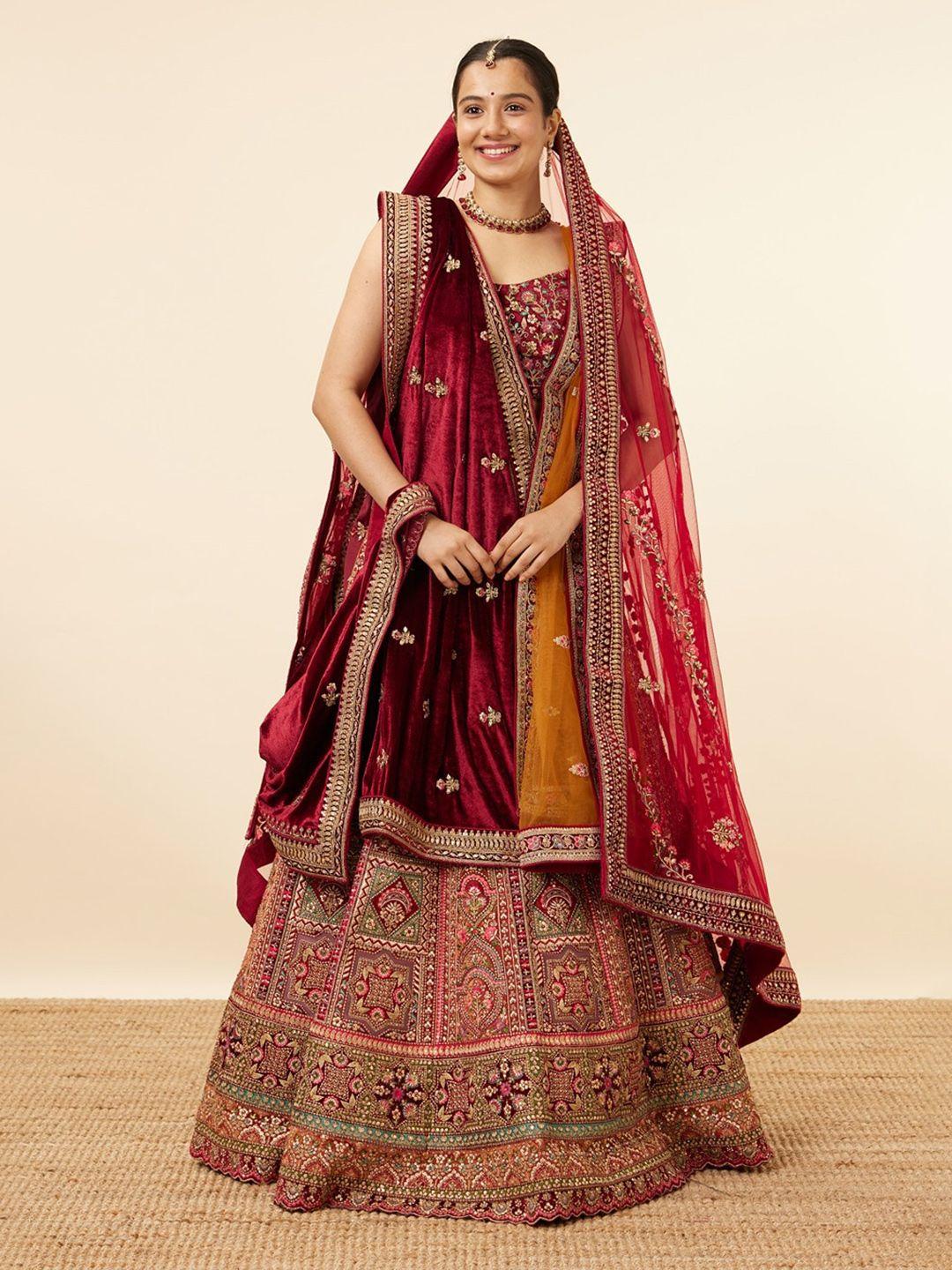 mohey embroidered velvet semi-stitched lehenga & unstitched blouse with dupatta & belt