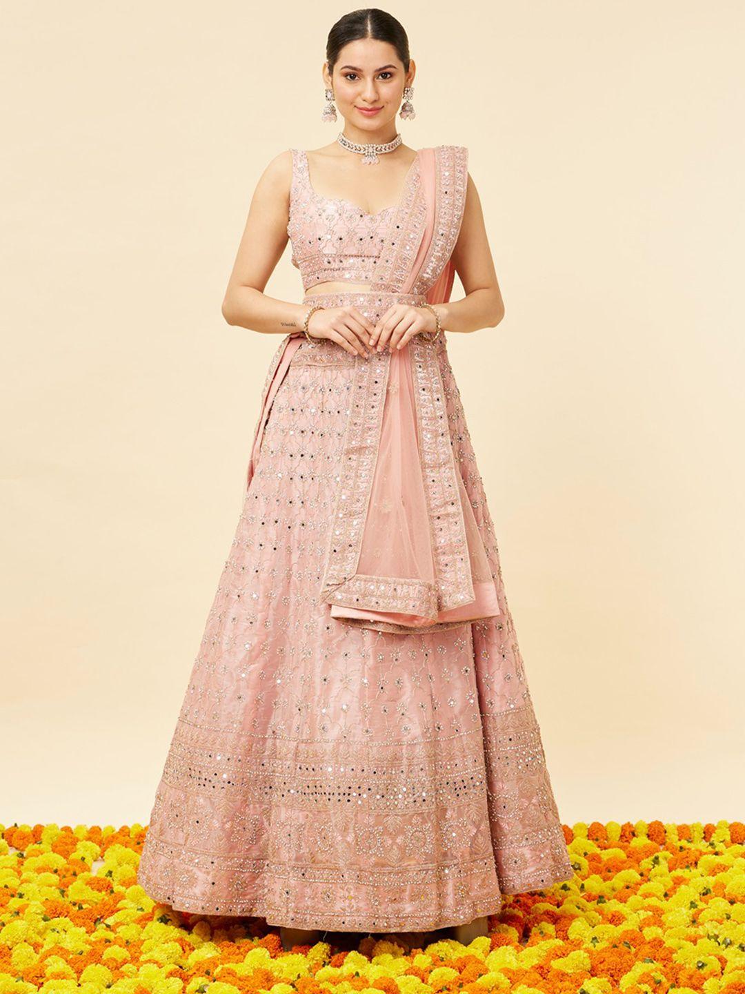 mohey embroidered semi-stitched organza lehenga & unstitched blouse with dupatta