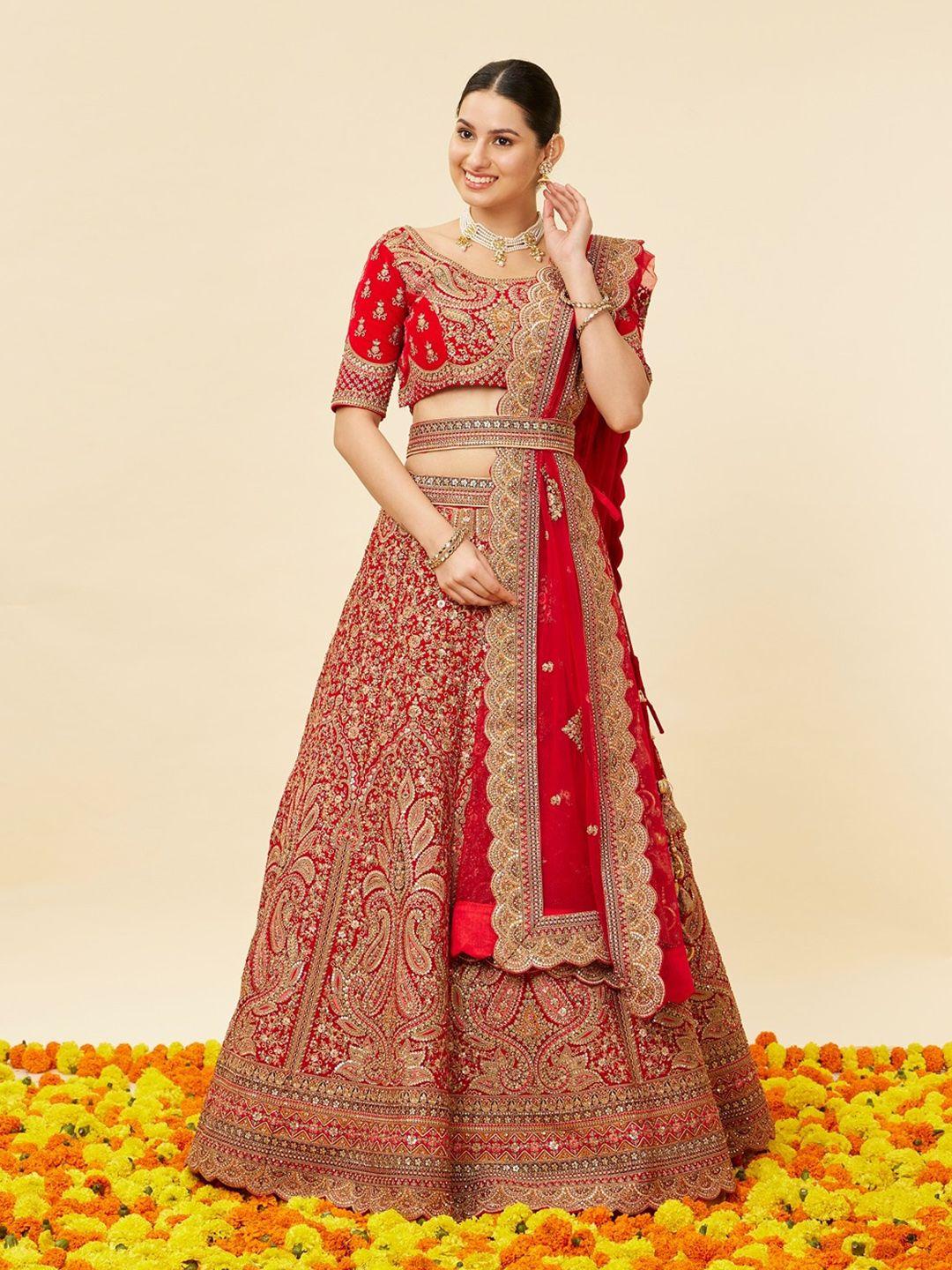 mohey embroidered zari velvet semi-stitched lehenga & unstitched blouse with dupatta