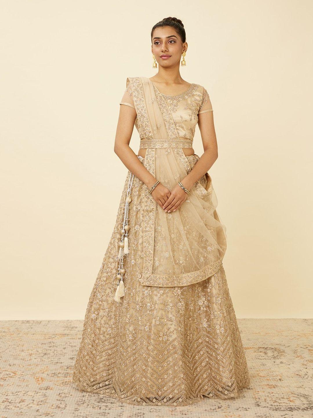 mohey embroidered net sequinned semi-stitched lehenga & unstitched blouse with dupatta