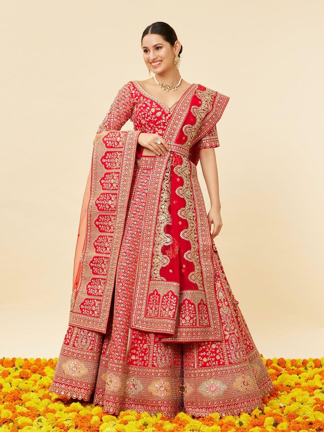 mohey embroidered semi-stitched lehenga & unstitched blouse with dupatta & belt