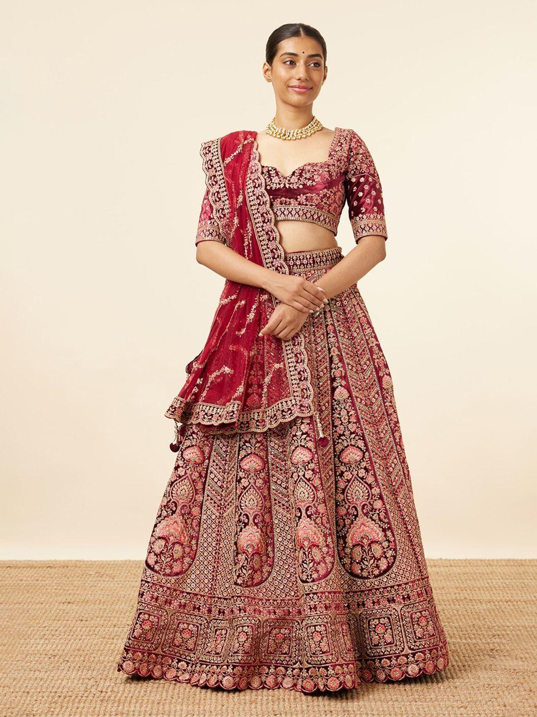 mohey embroidered velvet semi-stitched lehenga & unstitched blouse with dupatta