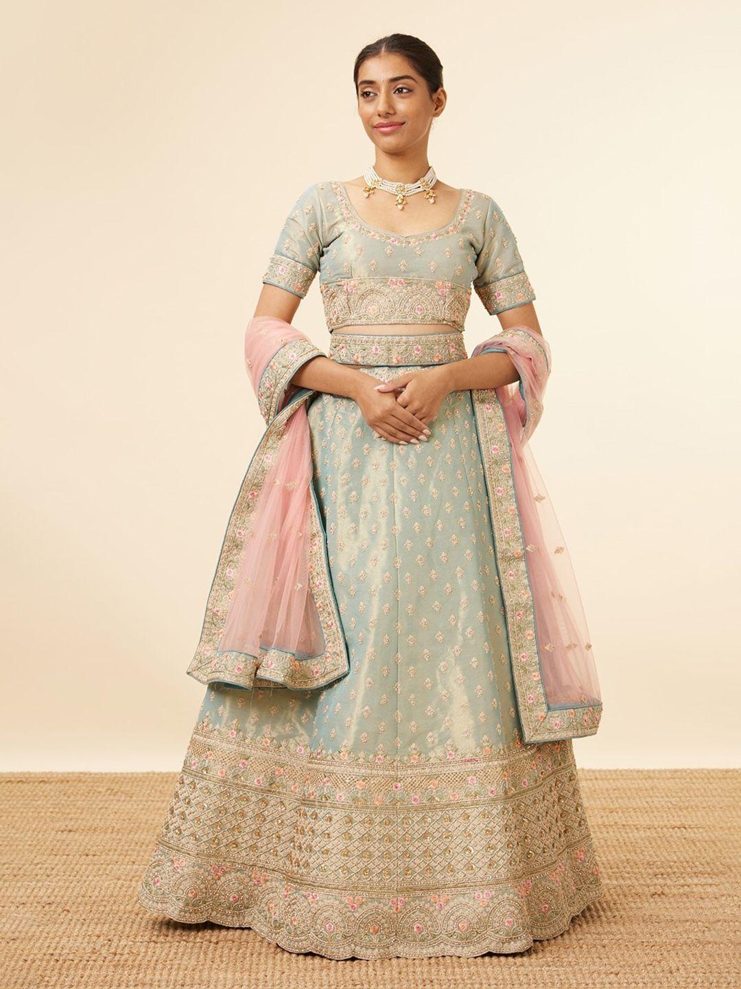 mohey embroidered sequinned semi-stitched lehenga & unstitched blouse with dupatta