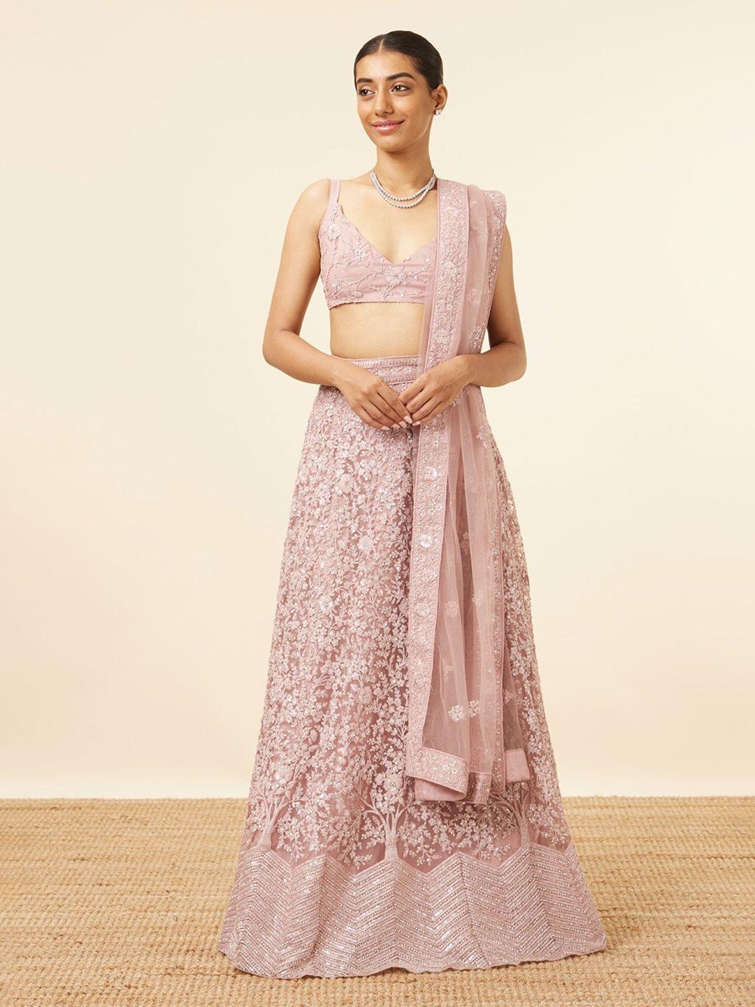 mohey embroidered sequinned net semi-stitched lehenga & unstitched blouse with dupatta