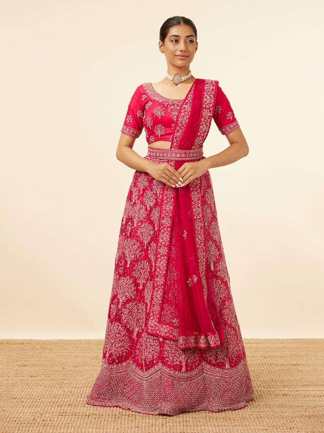 mohey embroidered zari net semi-stitched lehenga & unstitched blouse with dupatta & belt