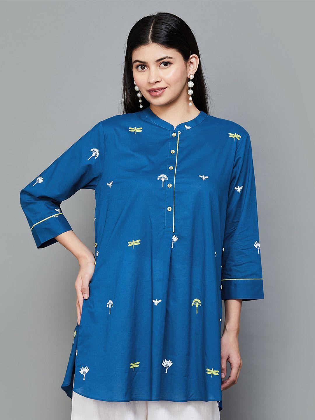 melange by lifestyle mandarin collar printed pure cotton tunic