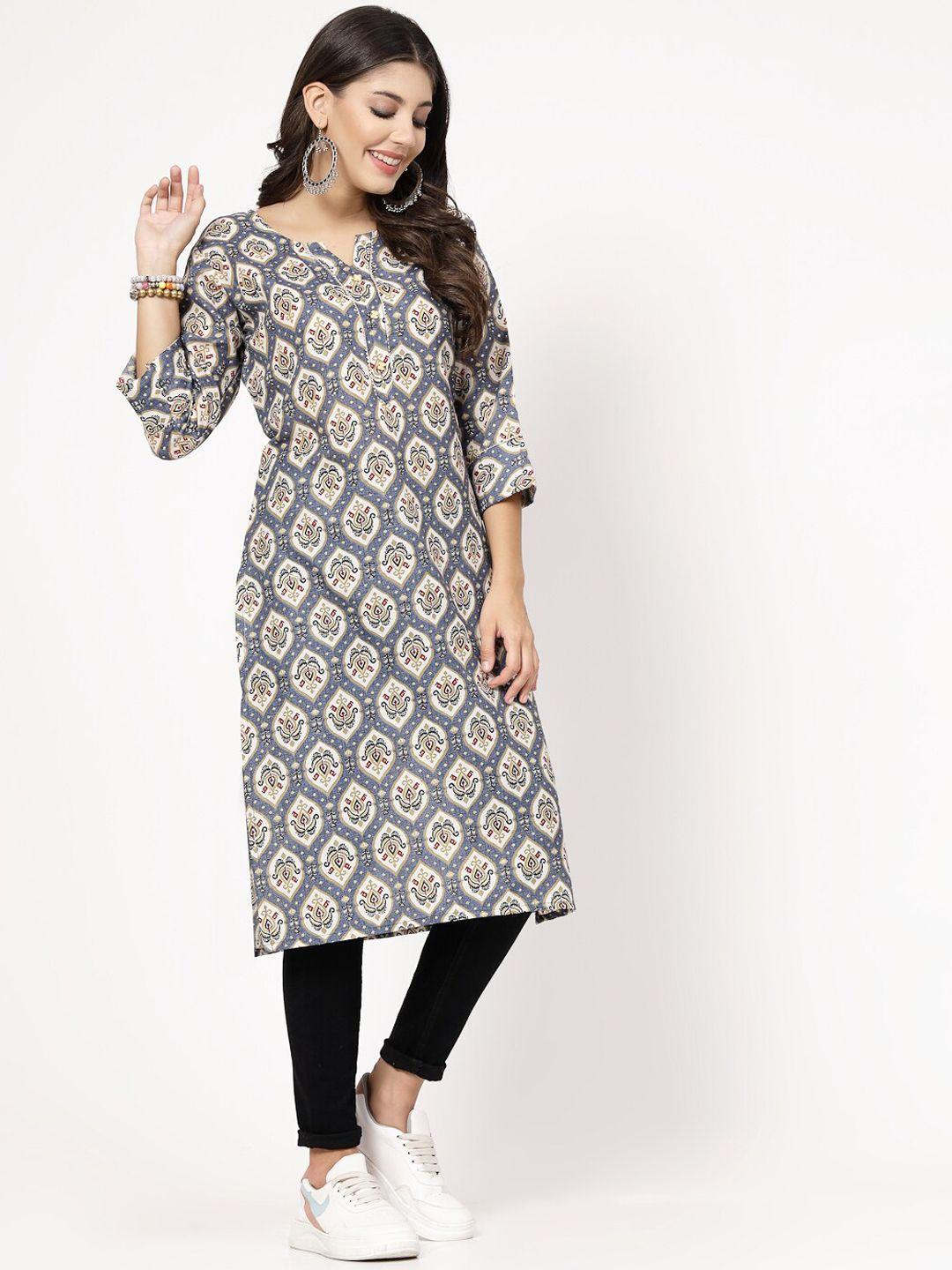 kalini women printed keyhole neck flared sleeves thread work floral kurta