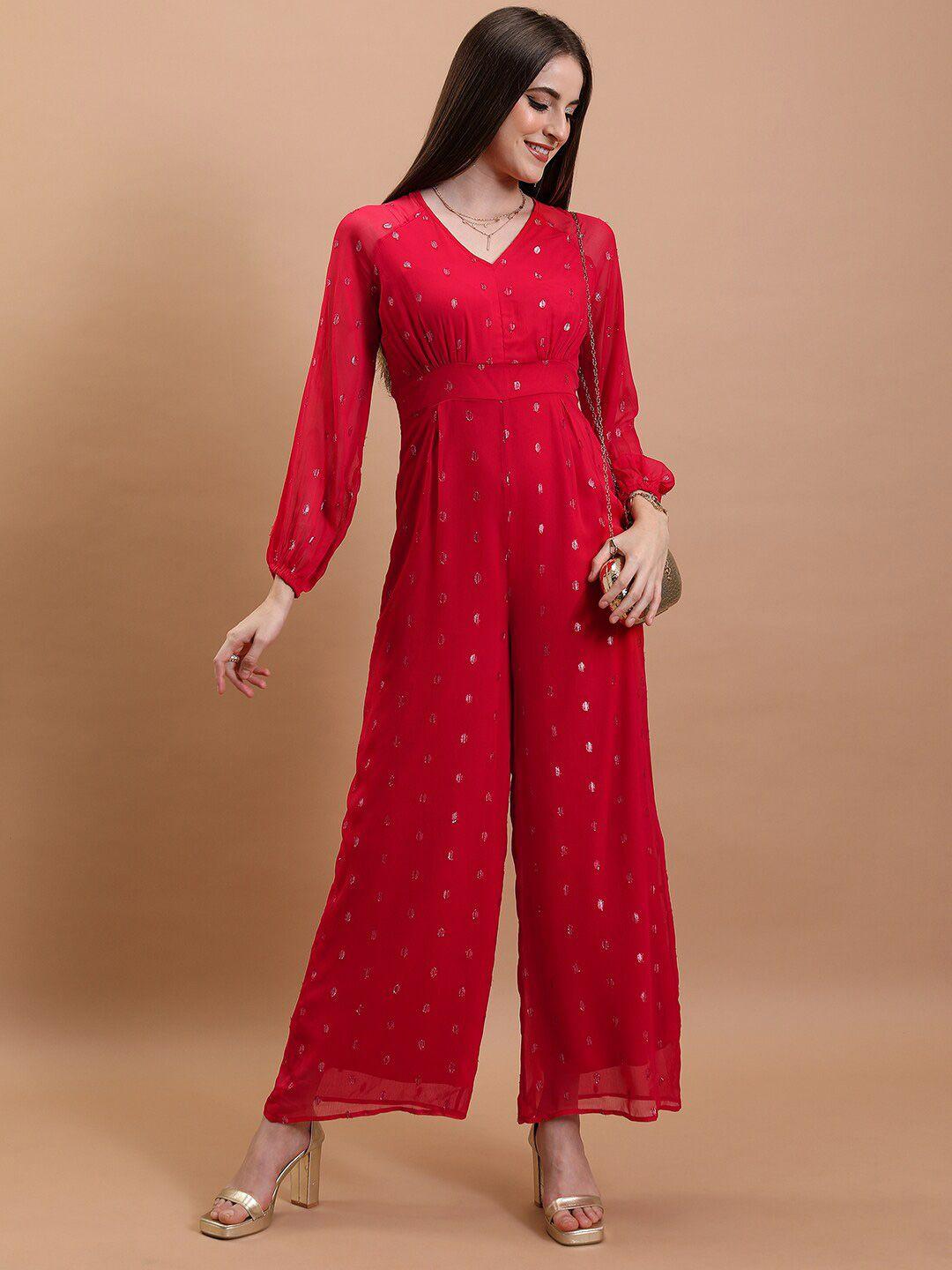 tokyo talkies red puffed sleeves embellished basic jumpsuit