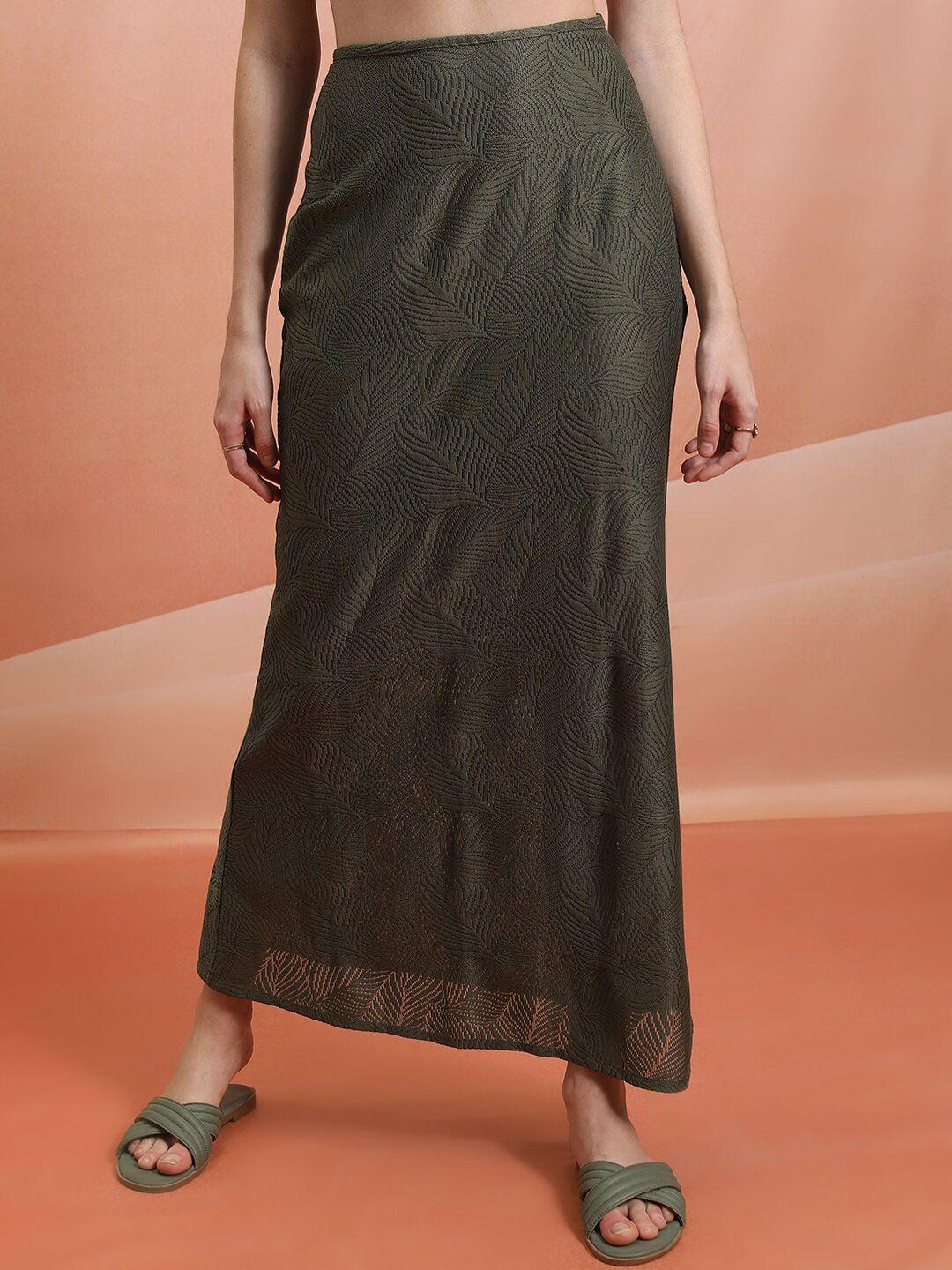 tokyo talkies olive green crochet straight midi skirt