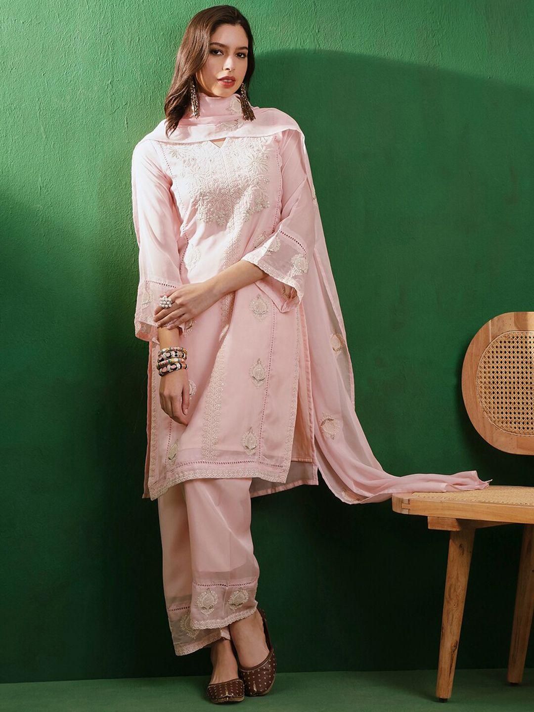 sangria peach & white floral embroidered organza straight kurta with trouser & dupatta