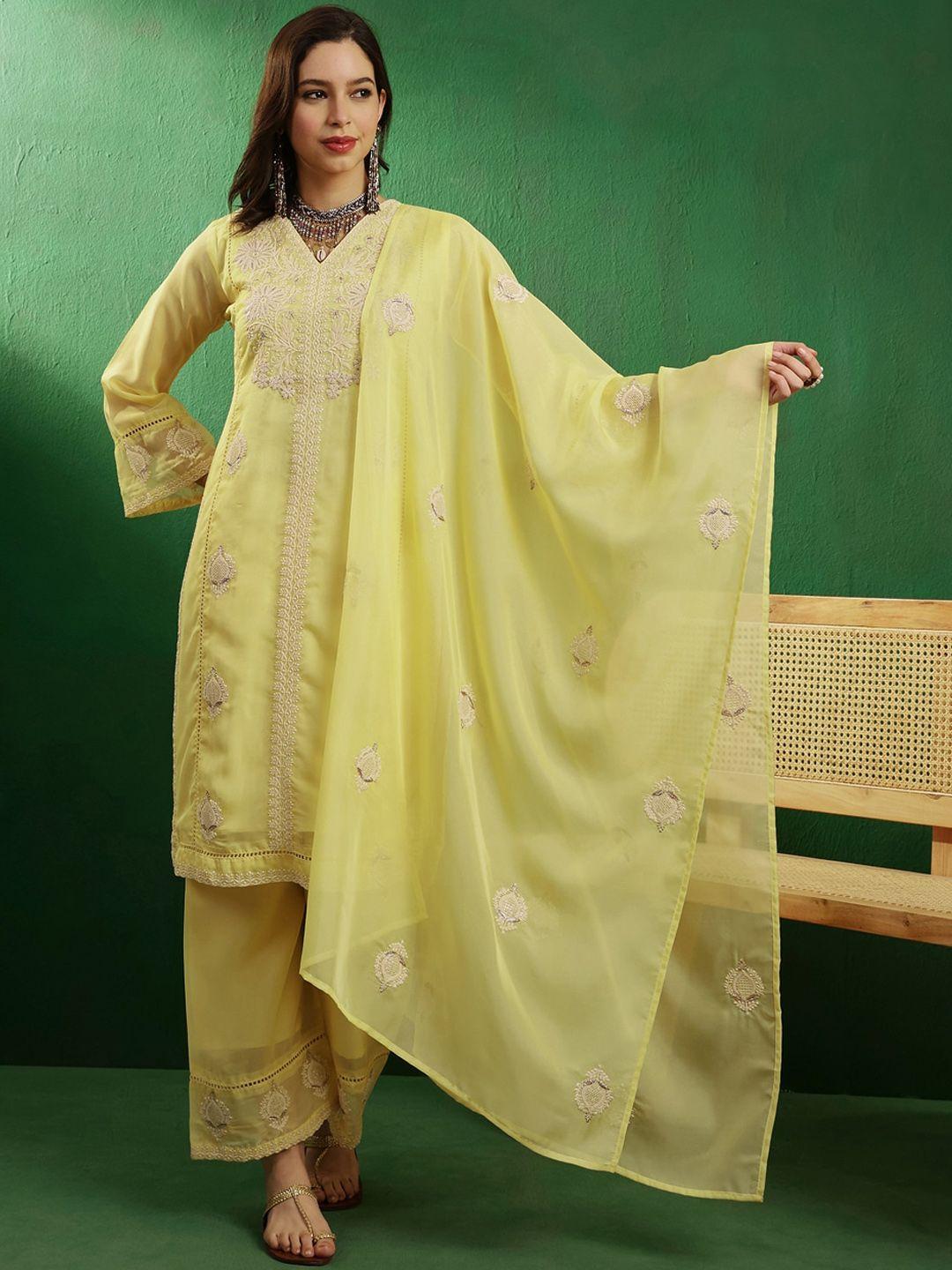 sangria yellow & white embroidered organza panelled straight kurta with palazzos & dupatta