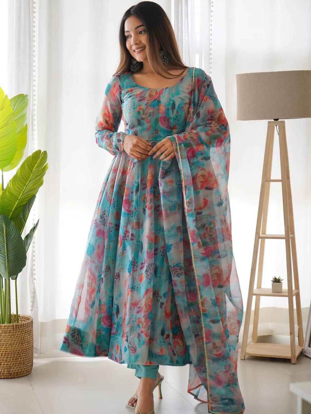 kalini floral printed tabby organza anarkali kurta & dupatta