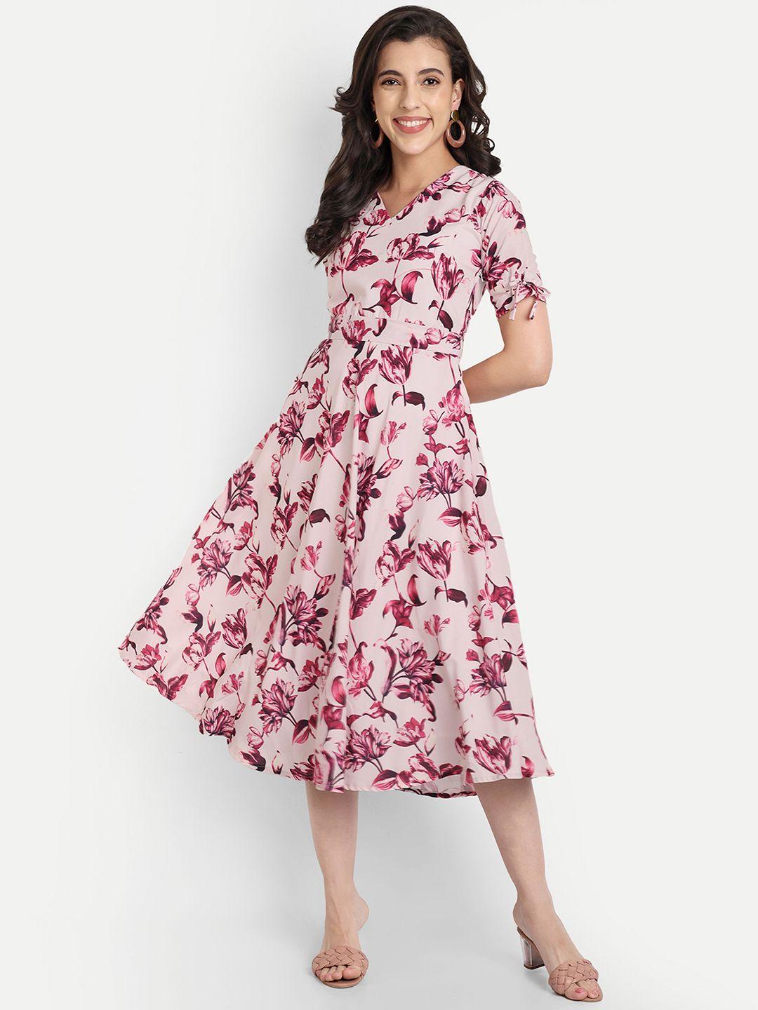 shinisha floral printed v-neck fit & flare midi dress