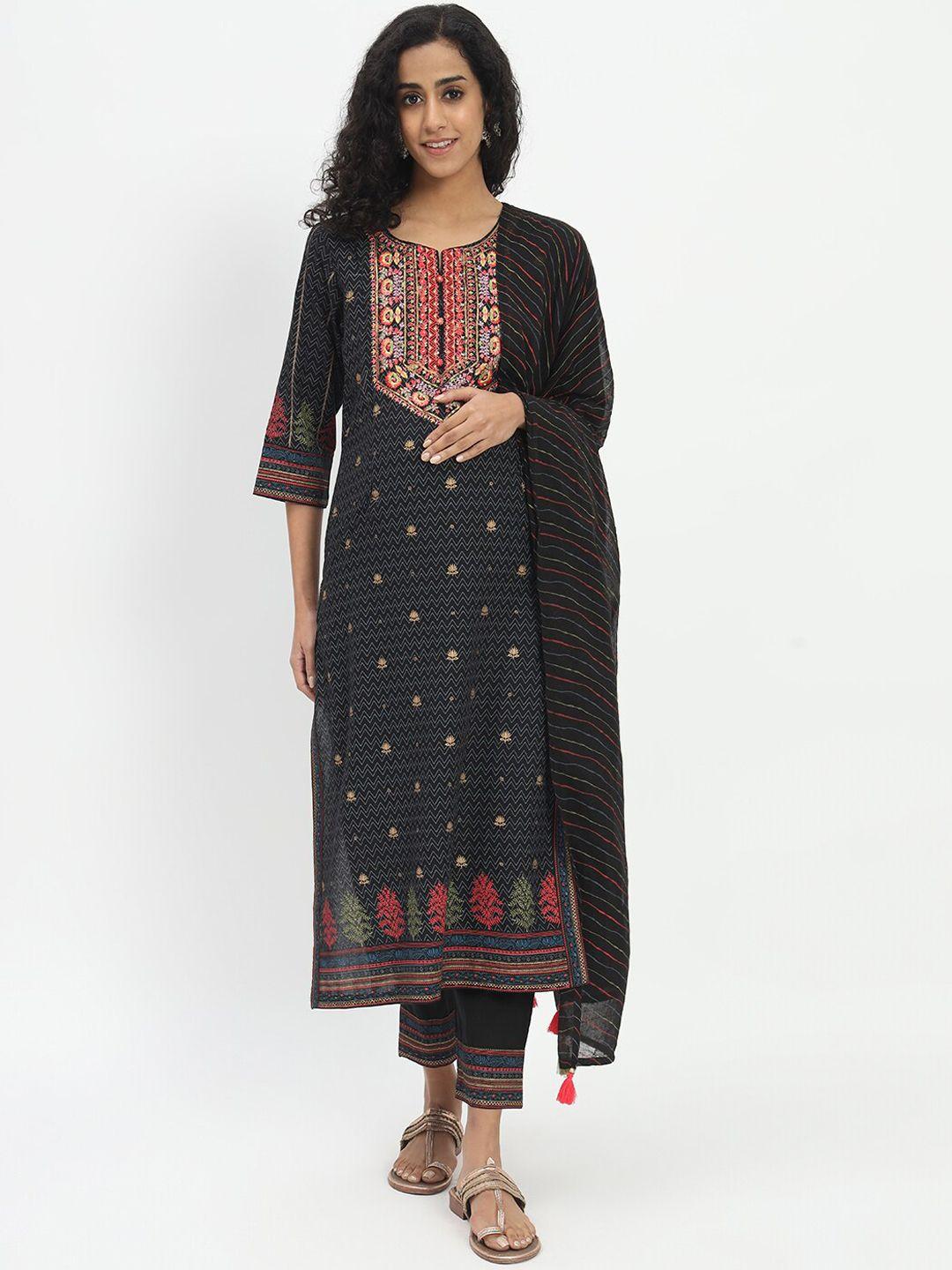 mumzhug women ethnic motifs embroidered regular thread work pure cotton kurta with palazzos & with dupatta