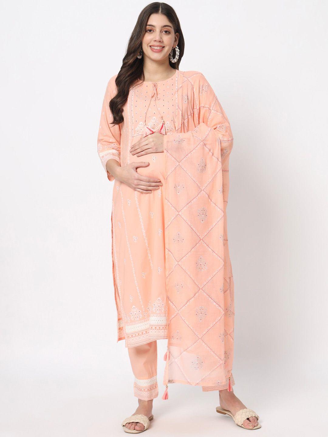 mumzhug ethnic motifs regular thread work pure cotton kurta with trousers & dupatta