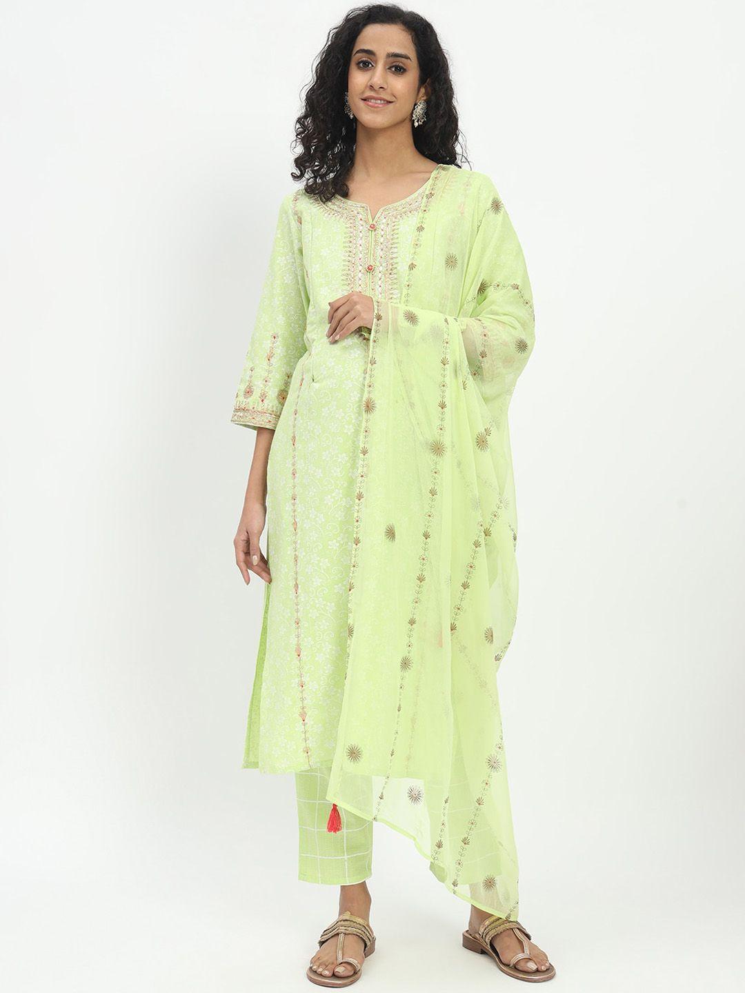 mumzhug women floral embroidered regular thread work pure cotton kurta with trousers & with dupatta