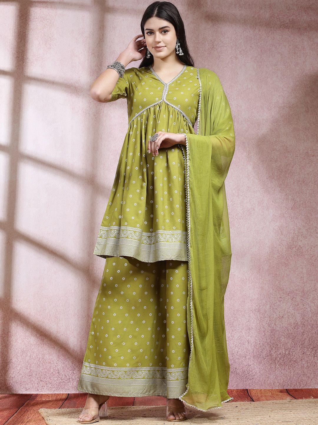 stylum green ethnic motifs printed empire anarkali kurta with palazzo & dupatta