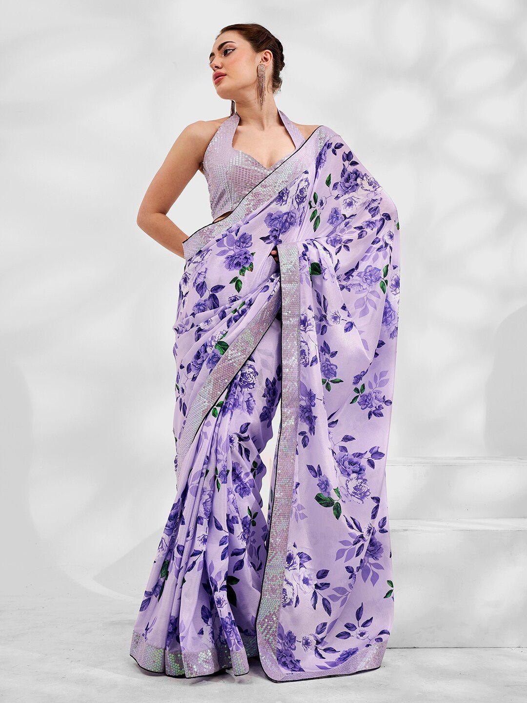 mitera floral printed sequinned pure georgette saree