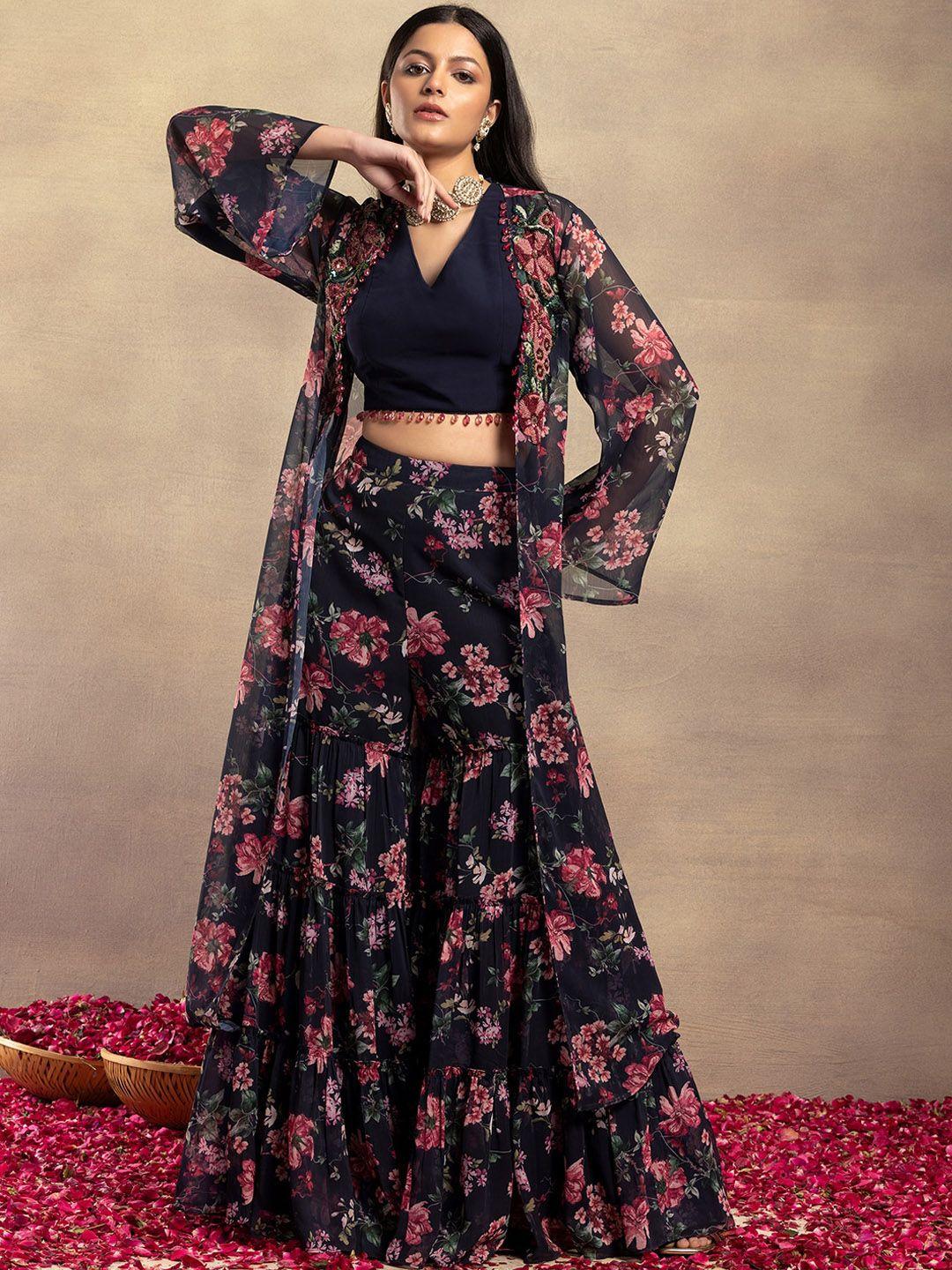 indya floral printed crop top with sharara & shrug