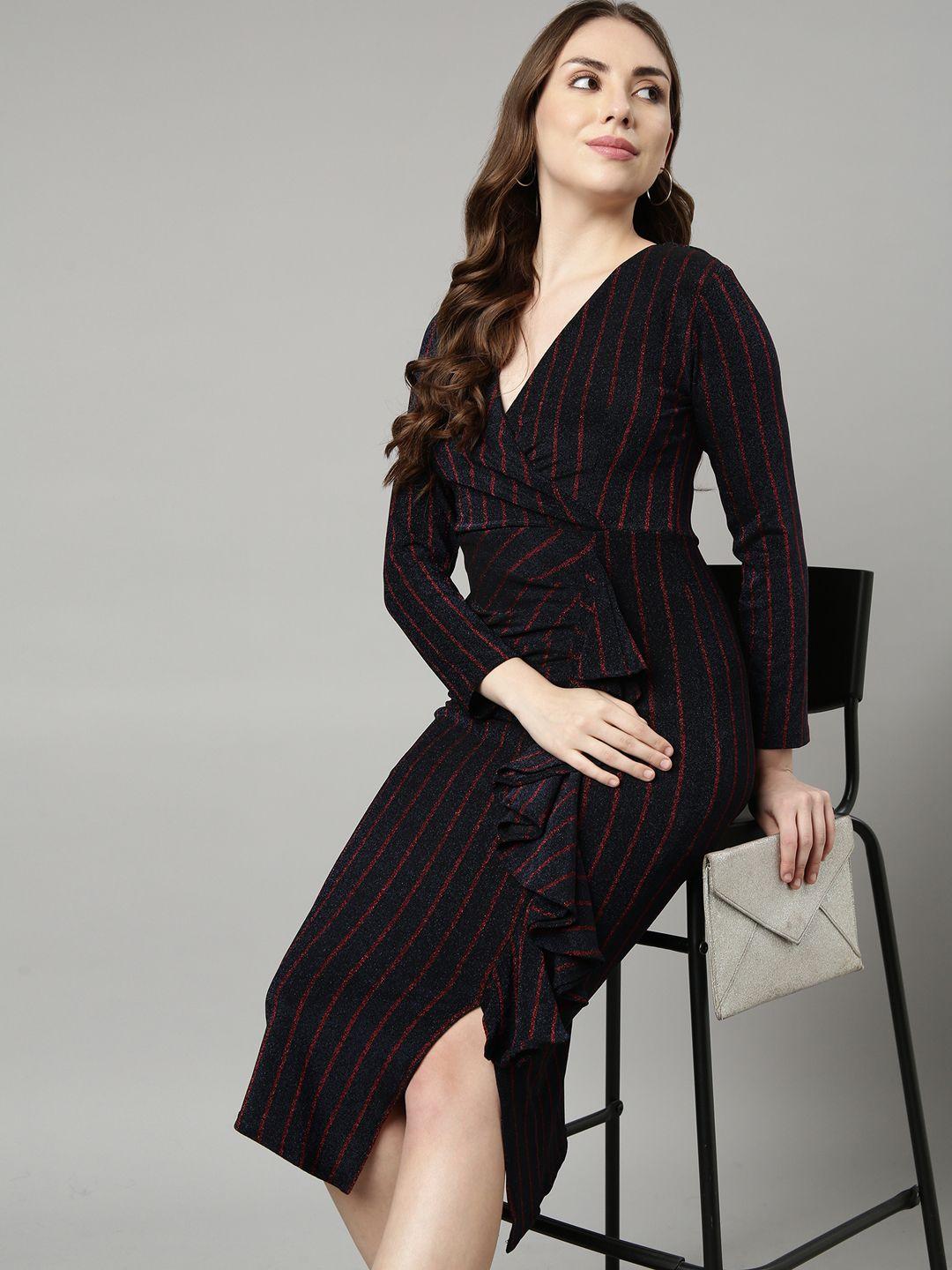 showoff striped v neck long sleeves bodycon midi dress