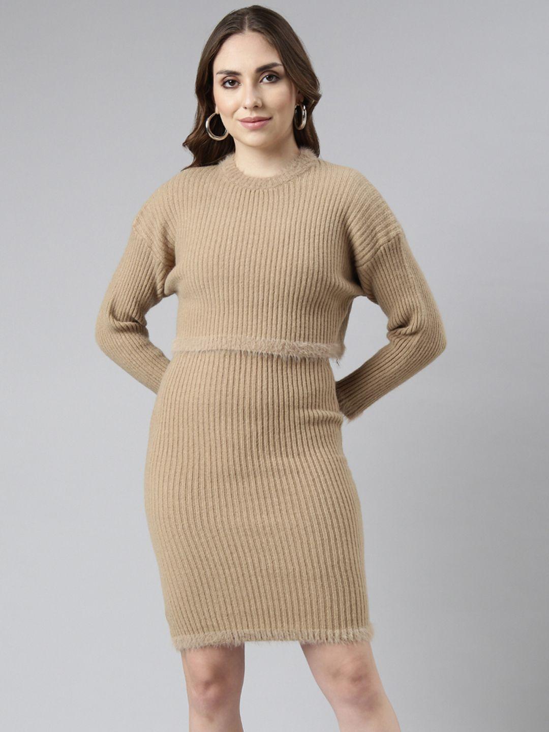 showoff striped round neck long sleeves bodycon dress with upper top