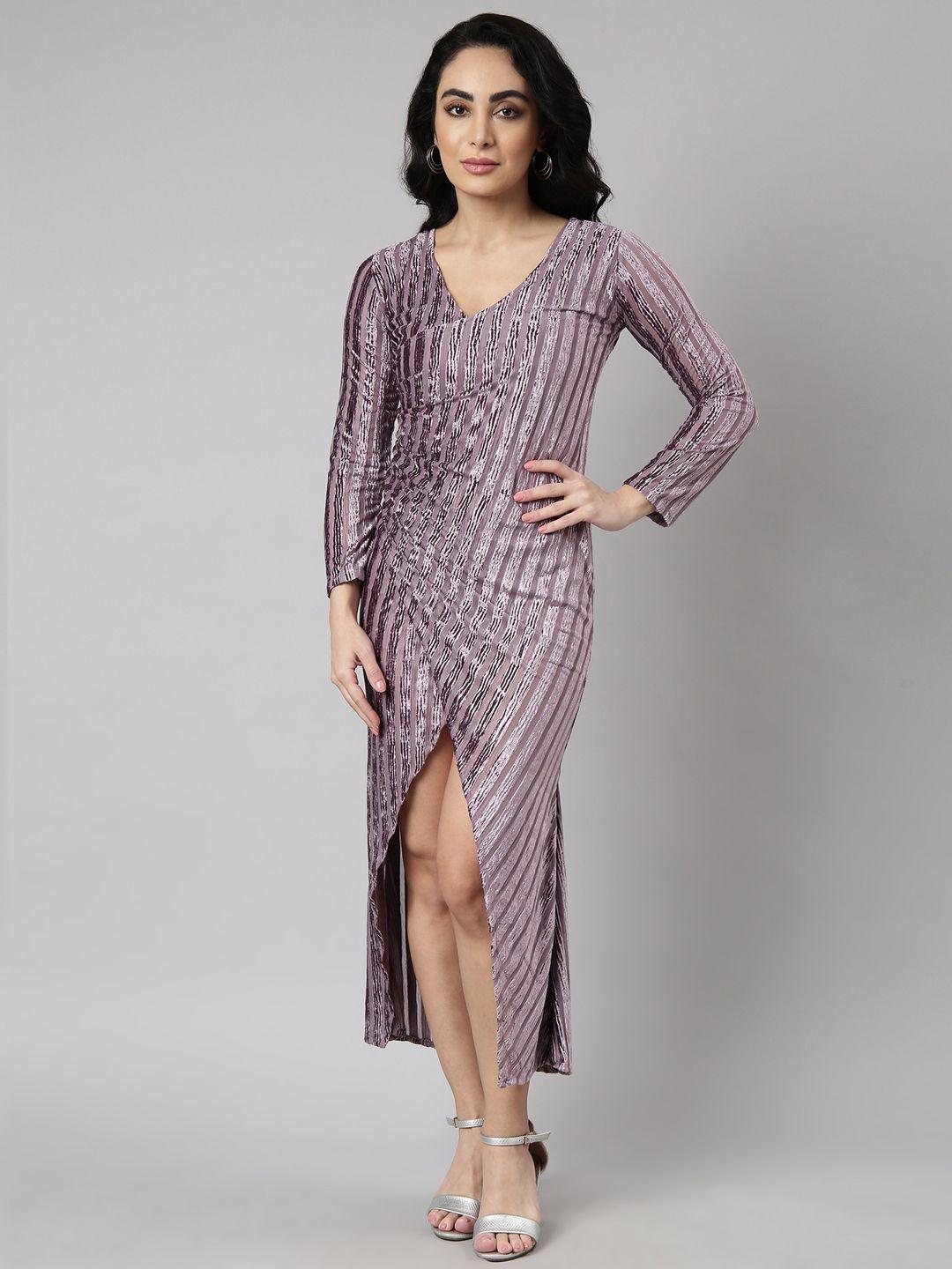 showoff striped v neck long sleeves velvet tulip dress