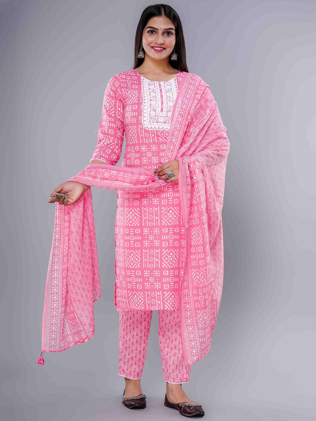 ikdaiya geometric printed round neck thread work pure cotton kurta with trousers & dupatta