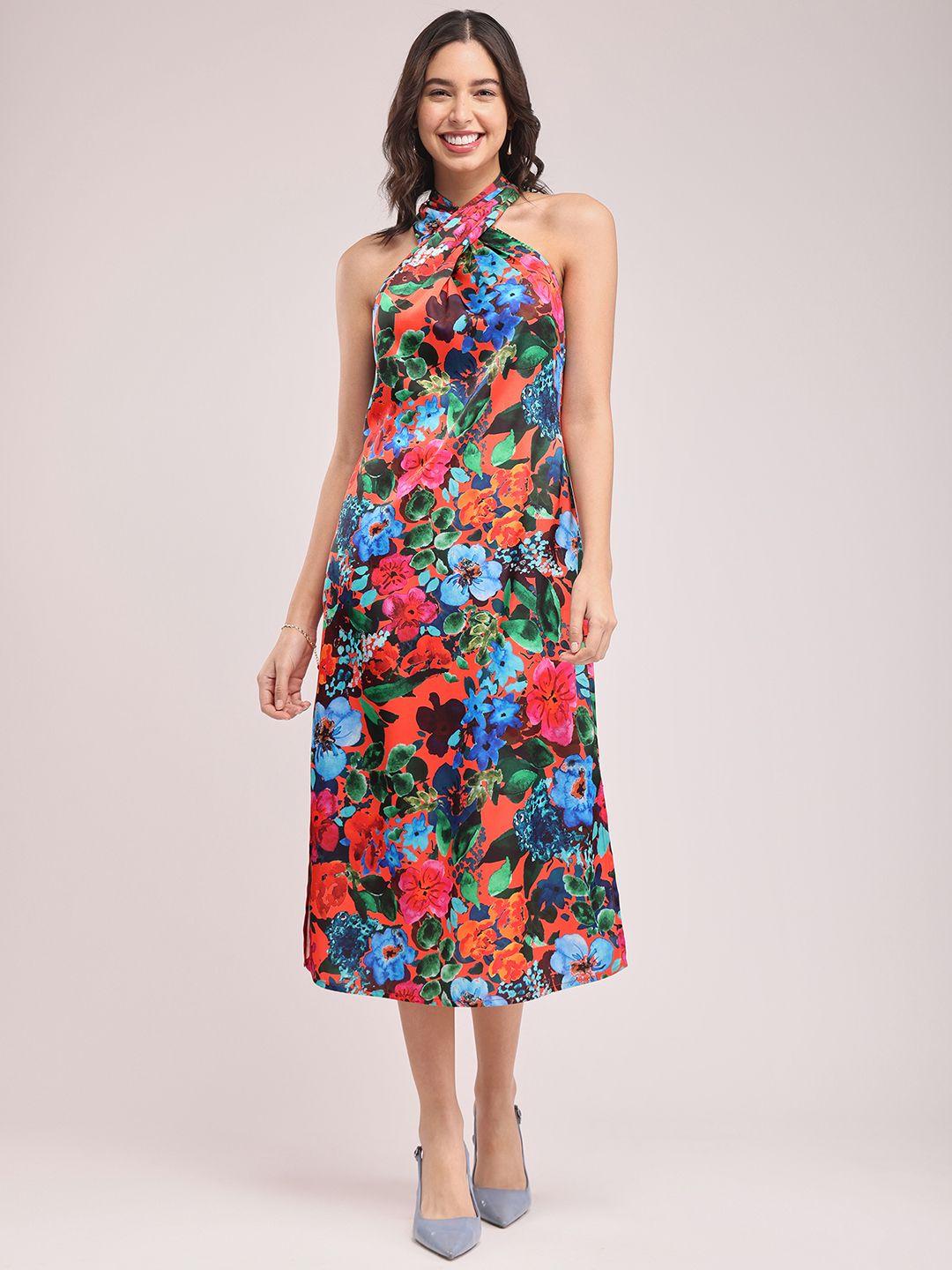 fablestreet floral print halter neck satin a-line midi dress